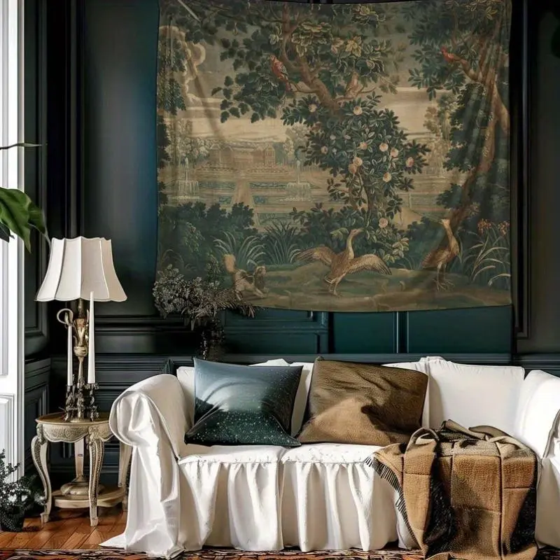 Vintage French Verdure Flower Pattern Tapestry Wall Hanging - Vintage Home Decor, Garden Scene Home Supplies for Dark Cottagecore Moody Eclectic French Countryside Bedroom, Home Bedroom Decor, Room Decor