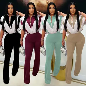 summer spring clothes Fashion Sporty 2 Piece Sets Woman Outfit Color Block Patchwork Short Sleeve Jacket and Flare Pants Tracksuit Jogger New
