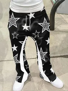 Men's Loose Fit 3D Print Bell Bottom Pants, Casual Sporty Streetwear, Hip Hop Vintage Long Pants, All Seasons Fashion, Casual Fashion Trousers