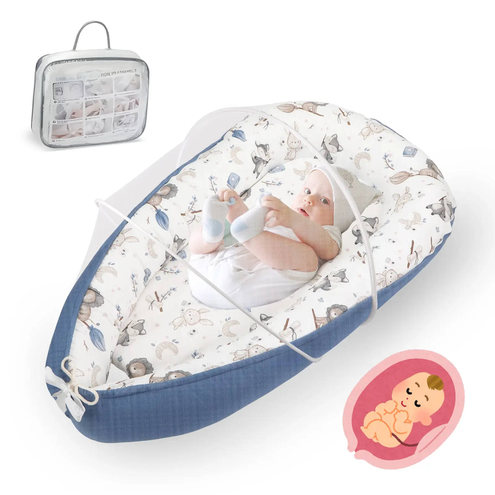 Benazcap Baby Lounger for Newborn, Detachable Mosquito Protection, Breathable Fabric, Easy-Clean & Travel-Ready, Safe and Comfortable for 0-24 Months
