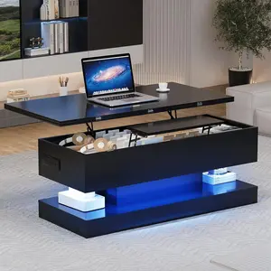 Lift Top Convertible Dining Table with Storage - Modern High Gloss Black - Adjustable Expandable Design - LED & APP Control - Appropriate for Living Room, Dining Room, Home Office