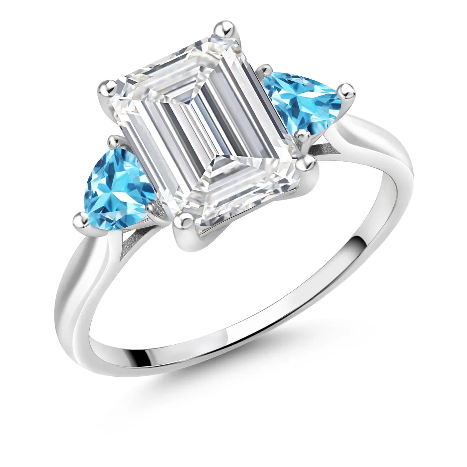 Gem Stone King 10K White Gold IGI Certified VS Lab Grown Diamond & Swiss Blue Topaz 3 Stone Engagement Ring For Women | 3.52 Cttw | Center Emerald Cut Diamond 3 Ct | 4MM Trillion