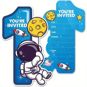 Astronaut Pattern Birthday Party Invitation Card, 24pcs/set Cute Outer Space Themed Invitation Card with Envelope, Birthday Party Invitation Supplies