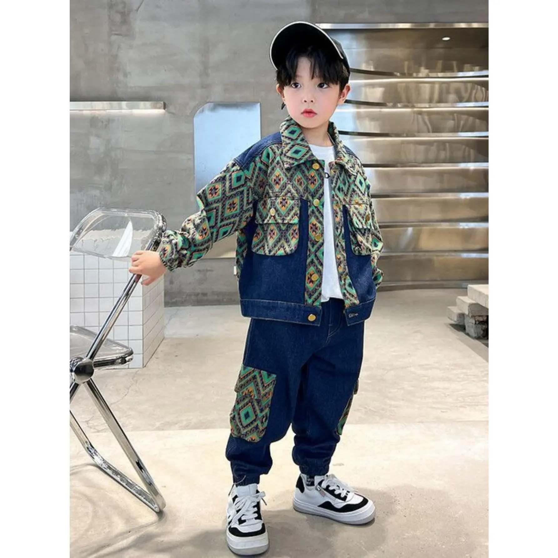 Boys' Spring and Autumn Denim Set, Workwear Style Patchwork Jacket and Pants Two-Piece Casual Stylish Outfit, Perfect for Outdoor