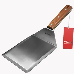 Extra Wide Metal Spatula with Full Tang Wooden Handle and Beveled Edges for Skillets, Griddles, Grills-Pancake Flipper, Smash Burgers, 6 x 5 Inches