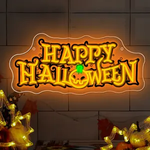 Happy Halloween letter and Skeleton Pumpkin Neon Sign, for Halloween party Decor Spooky-themed bar Costume party Halloween Gift