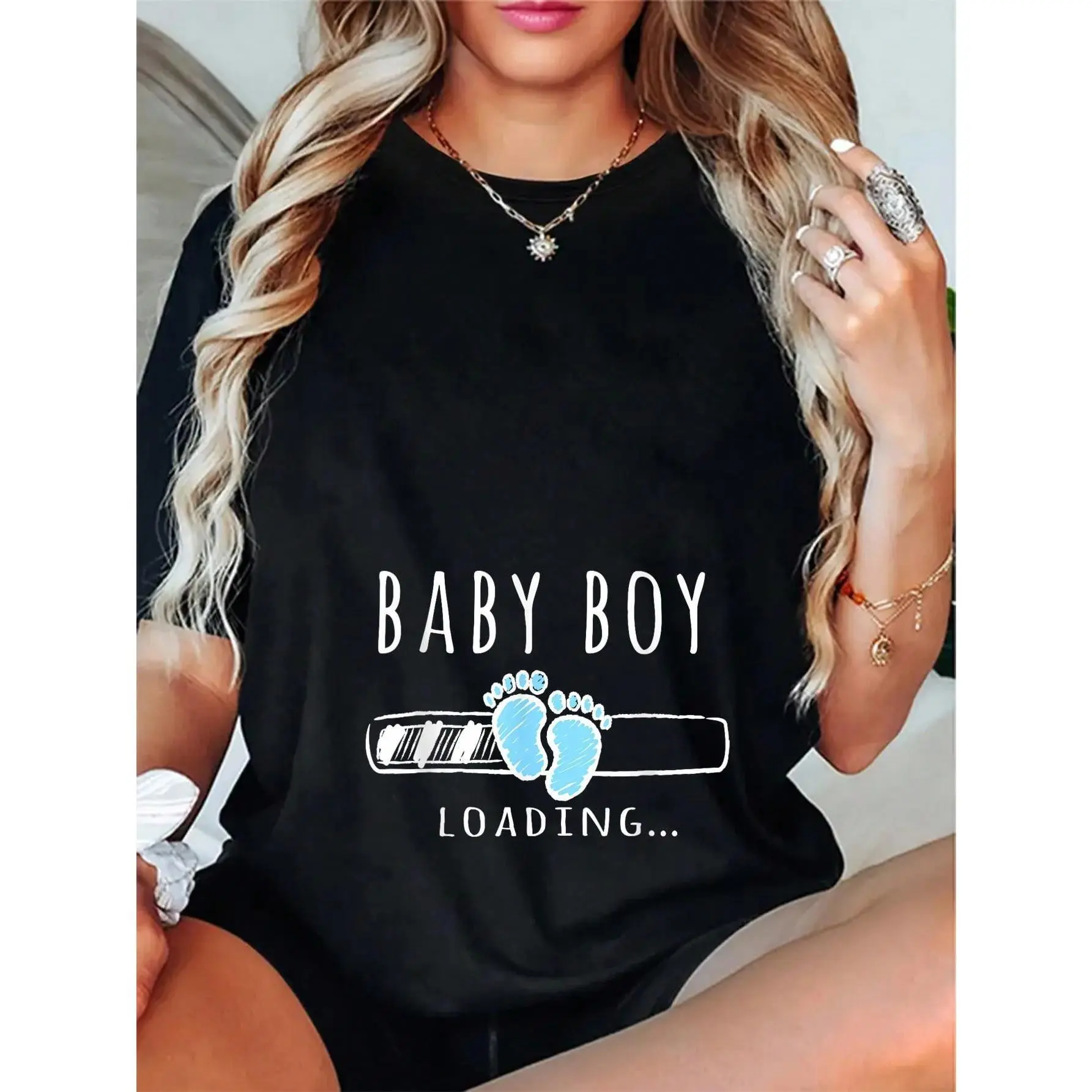 Youngsters Loading Maternity Tee - Baby Footprint Pregnancy Shirt - Soft Stretch Black - Mom-to-Be Gift