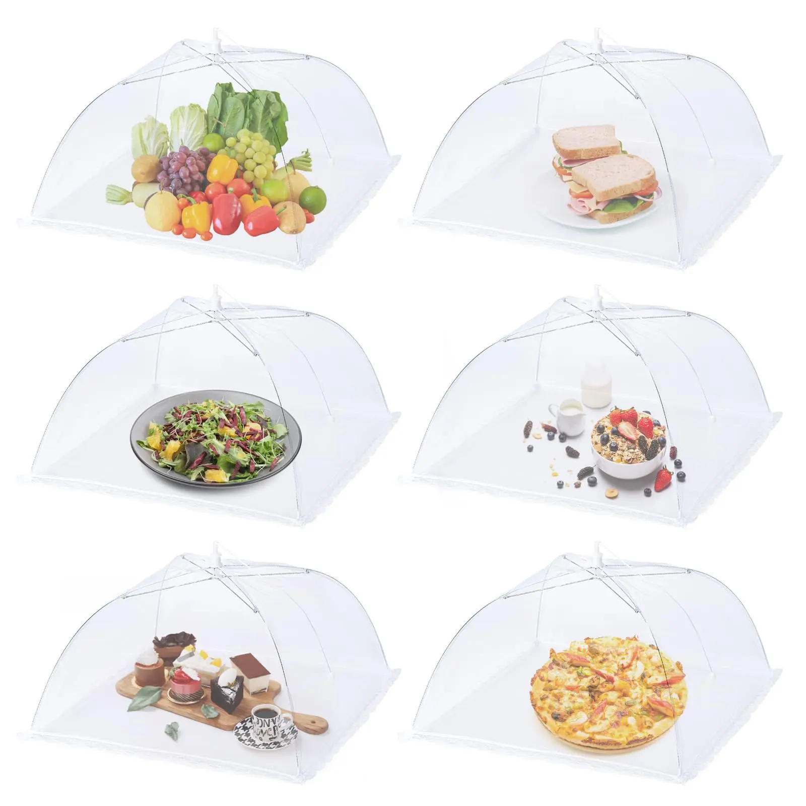 6 Pack Mesh Food Covers,17"Lx17"W Large Food Cover,White Nylon Covers,Pop-Up Serving Dish Covers Tent Umbrella,for Patio Net for Outdoor Camping, Picnics, Parties,BBQ,
