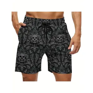 [Made in US] Men's Gothic Skull Swim Trunks - Quick-Dry, Stretchy, Lightweight Beach Shorts with Drawstring Waist, Black & White Skull and Floral Pattern, Perfect for Halloween, Outdoor Activities, and Casual Wear, Goth Swimsuit