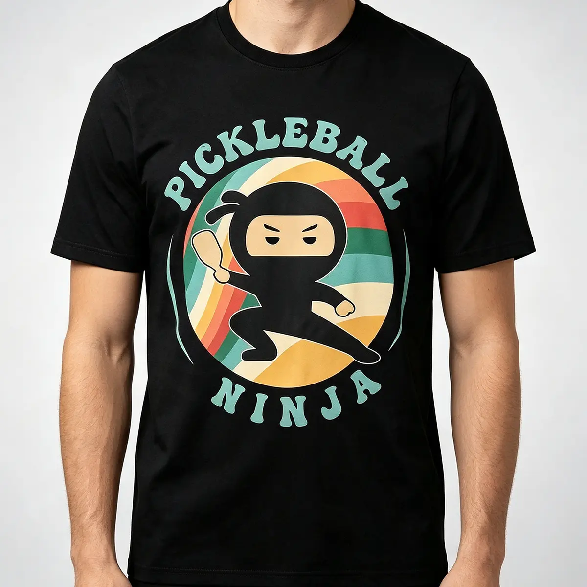 Pickleball Ninja Graphic Tee, Funny Cartoon Pickleball Shirt, Retro Sunset Design T-Shirt, Unisex Casual Sports Top, Gift For Pickleball Players