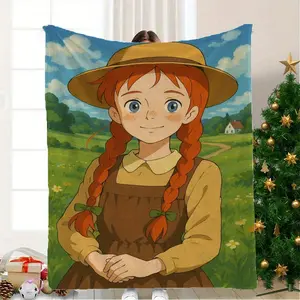 Redhead Annie Smiling in Green Fields Print Flannel Blanket - Patterned Flannel Throw Suitable for Home Office Car and Camping, Soft Comfortable Warm All-Season Nap Blanket and Small Quilt Birthday Gift Holiday Present Christmas Gift