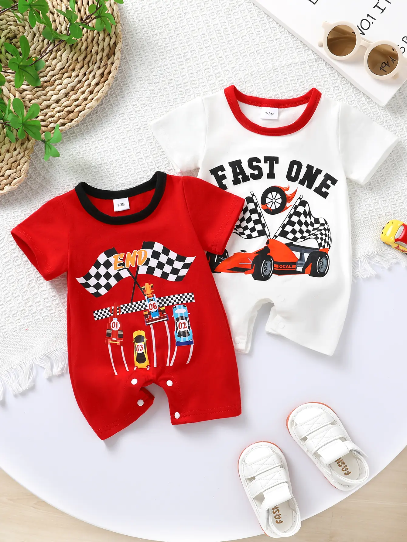Baby Boy Knitting Bodysuit Outfit - 2-Pc Athletic Printed Set, Cartoon Racing Letter Print Round Neck Short Sleeve Button Bodysuit & Shorts, Soft Breathable Daily Wear
