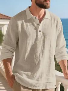 Men's Solid Color Casual Aesthetic Polo Shirt, Cropped Loose Fit Summer Beach Style, Breathable Soft Linen Fabric, Daily Fashion Tee