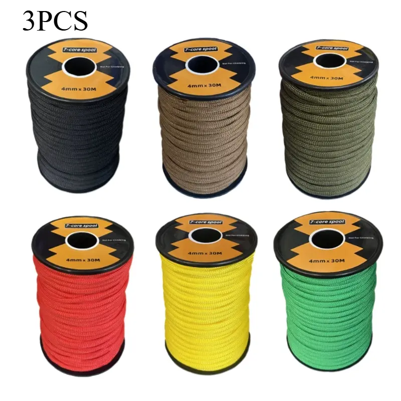 4mm Multifunctional 7-Core Paracord 3pcs, 30m Spooled Braided Synthetic Rope – Ideal for Camping Guy Lines, Outdoor Drying, DIY Bracelets & Binding, Essential for Outdoor Enthusiasts