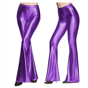 Sexy Stage Women's Glossy Faux Leather Flared Pants Nightclub Wide-Leg Trousers Elastic Waist Street Style