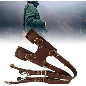 Pissente Double Shoulder Camera Strap Harness, Adjustable Dual Leather Rivet Double Shoulder Digital Camera Shoulder Strap Harness Accessory for Camera With 1/4 Inch Tripod Bracket, Brown