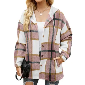 Flannel Shirts for Women Button down Plaid Shirt Hooded Shacket Jacket with Pocket