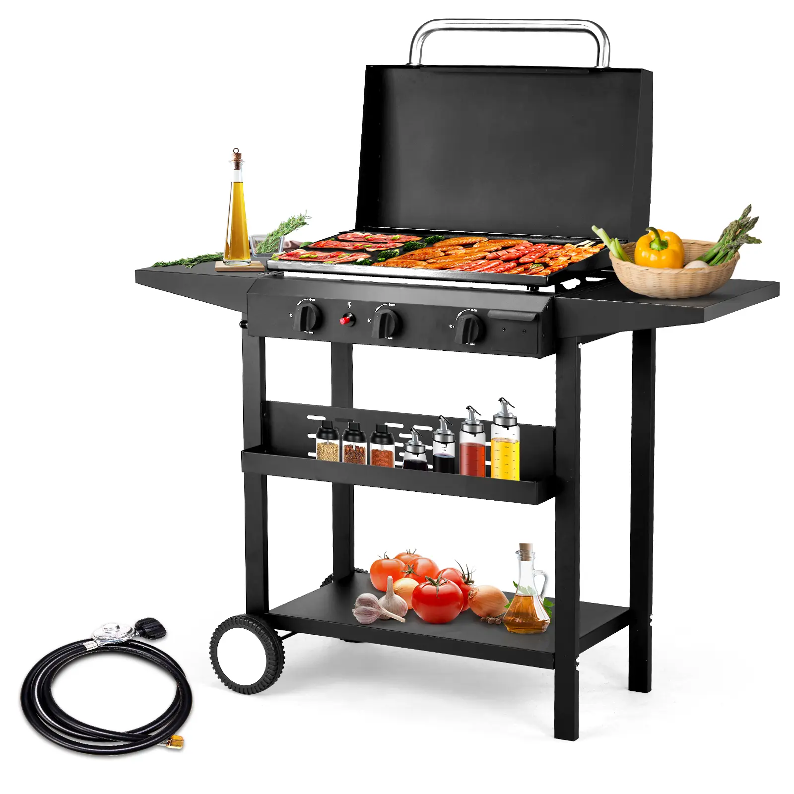 3-Burner Flat Top Gas Griddle Barbecue - 30,000 BTU Propane, Ceramic Coated Non-Stick Cast Iron Pan, Stainless Side Shelves, Oil Drip Tray, Large Surface Freestanding Unit with Rack for Backyard BBQ Use