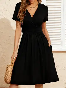 WEACZZY Women's V-Neck Dress Printed Short-Sleeve A-Line Ruffled Waist Dress with Pockets 2026 Spring/Summer New Arrival Minimalist