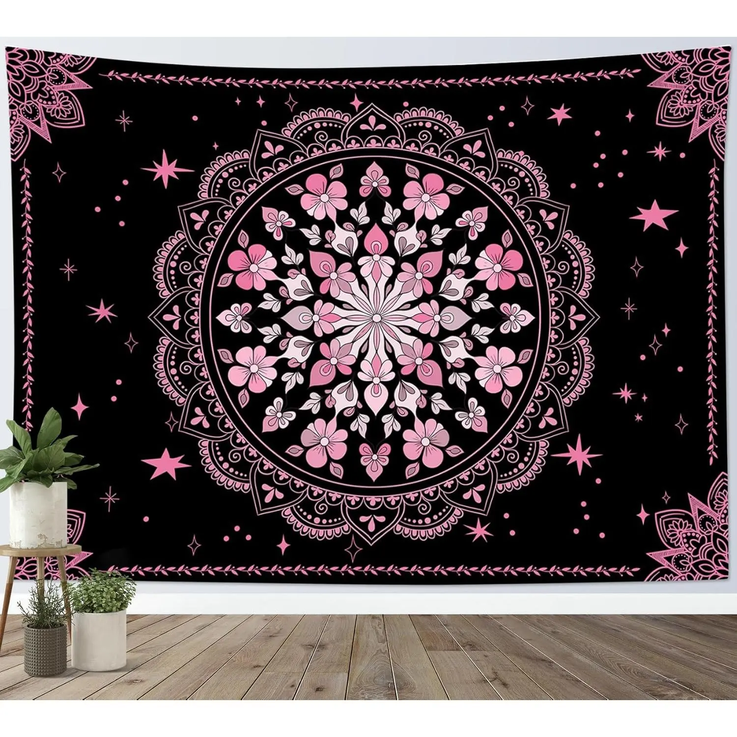 Black Floral Boho Tapestry Wall Hanging Pink and Black Bohemian Wall Tapestry Mandala Hippie Flower Wall Art for Bedroom Aesthetic Living Room Dorm Home Wall Decor, 60x40 Inches