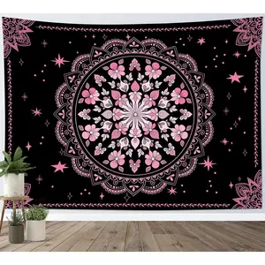 Black Floral Boho Tapestry Wall Hanging Pink and Black Bohemian Wall Tapestry Mandala Hippie Flower Wall Art for Bedroom Aesthetic Living Room Dorm Home Wall Decor, 60x40 Inches