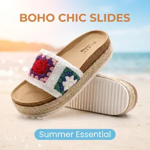 Women’s Crochet Platform Slides - Jute Sole Cork Footbed Sandals for Boho Casual Summer Styling Footwear Walking Shoes Flipflop White