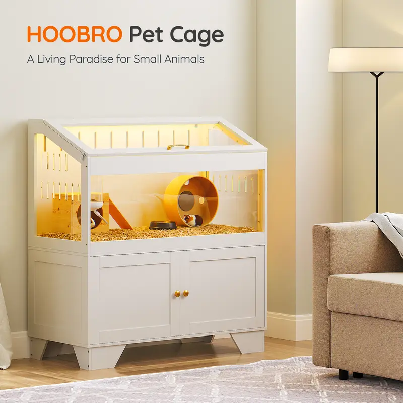 HOOBRO Enclosed Large Acrylic Glass Small Animal Cage - Transparent Panels, Detachable Storage Cabinet, LED Light Strips, Flip-Top Lid, Odor-Cut Venting, Easy-Clean Home Decor, 39.4" x 18.9" x 42.5", White (for Guinea Pigs)