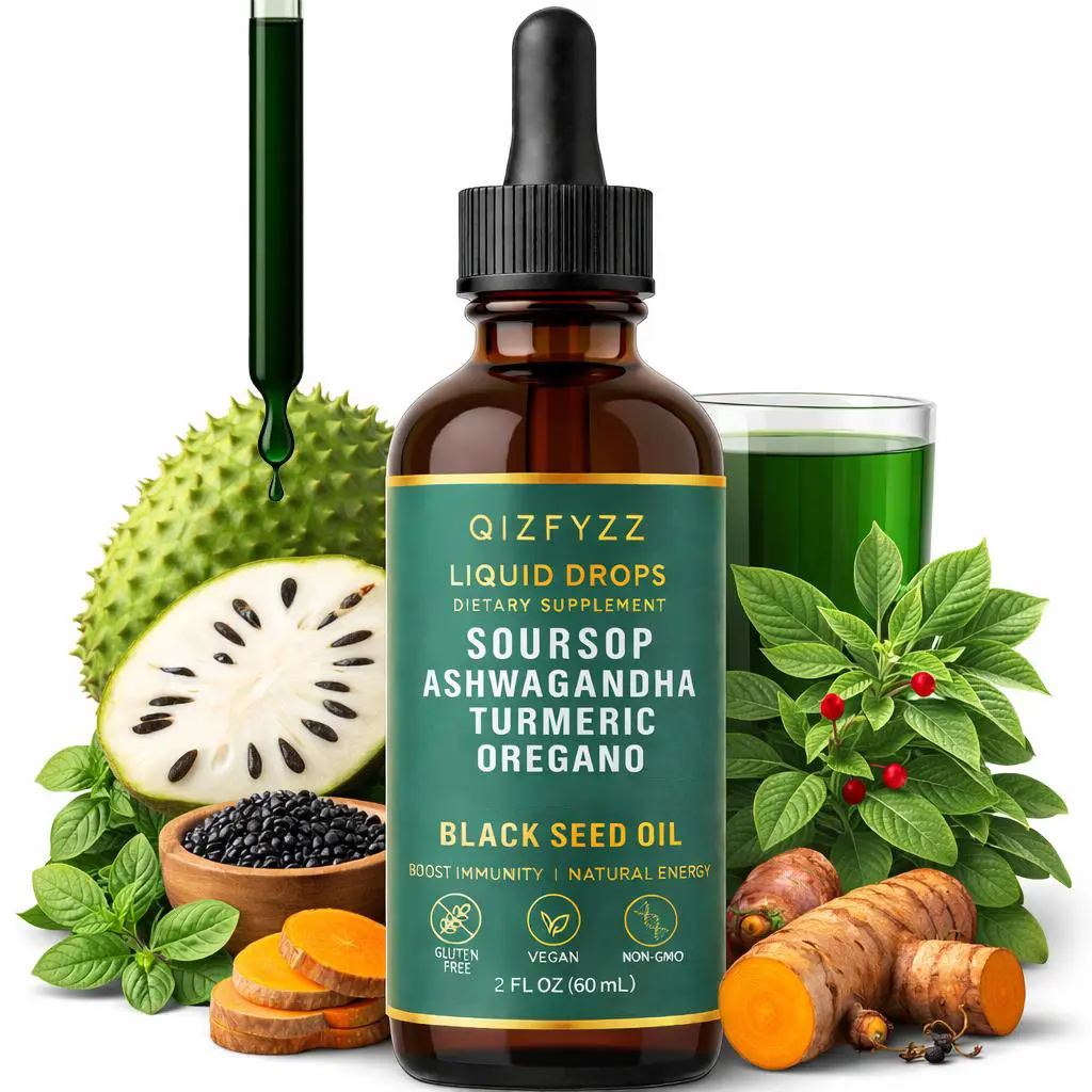 Qizfyzz summervibes Soursop Bitters Liquid Drops 10-in-1 Herbal Extract – Nori, Moringa, Turmeric, Black Seed Oil, Oregano, Ashwagandha – Immune & Overall Wellness Support – Vegan, Non-GMO, 2 fl oz, Daily Supplemental Nutrition Support, Drink Vitamins Sup