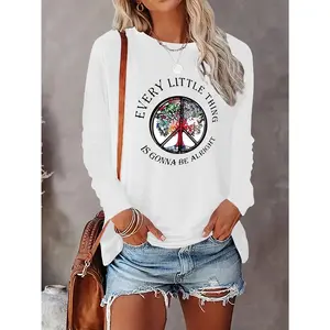 Plus Size Women's Long-Sleeve Crew Neck Casual Top with Letter & Graphic Prints, Suitable for Spring & Autumn Fit Outfits Cotton Chic Beach