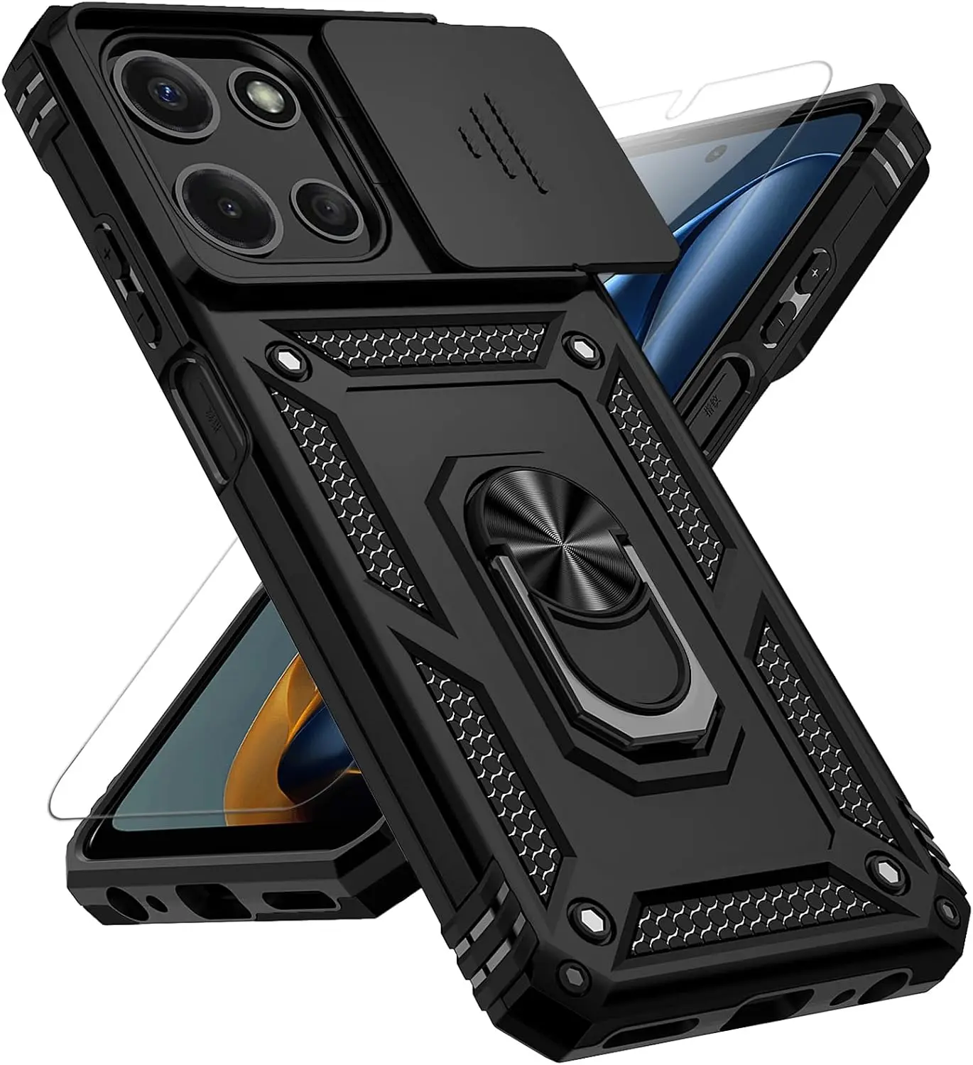 for Motorola Moto G 2025 / Moto G 2026 / Moto G Play 2026 Case, with Slide Camera Cover HD Screen Protector [Military Grade 16ft. Drop Tested] Ring Holder Kickstand Protective Phone Case, Black