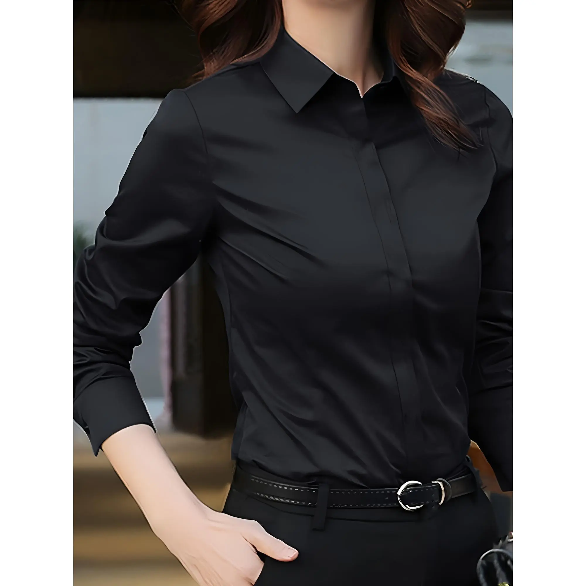 Women's Basic Elegant Korean Style Polyester Business Blouse - Long Sleeves, Lapel Collar, Button Closure for Office Wear, Shirts, Tops, Clothes, Minimalist