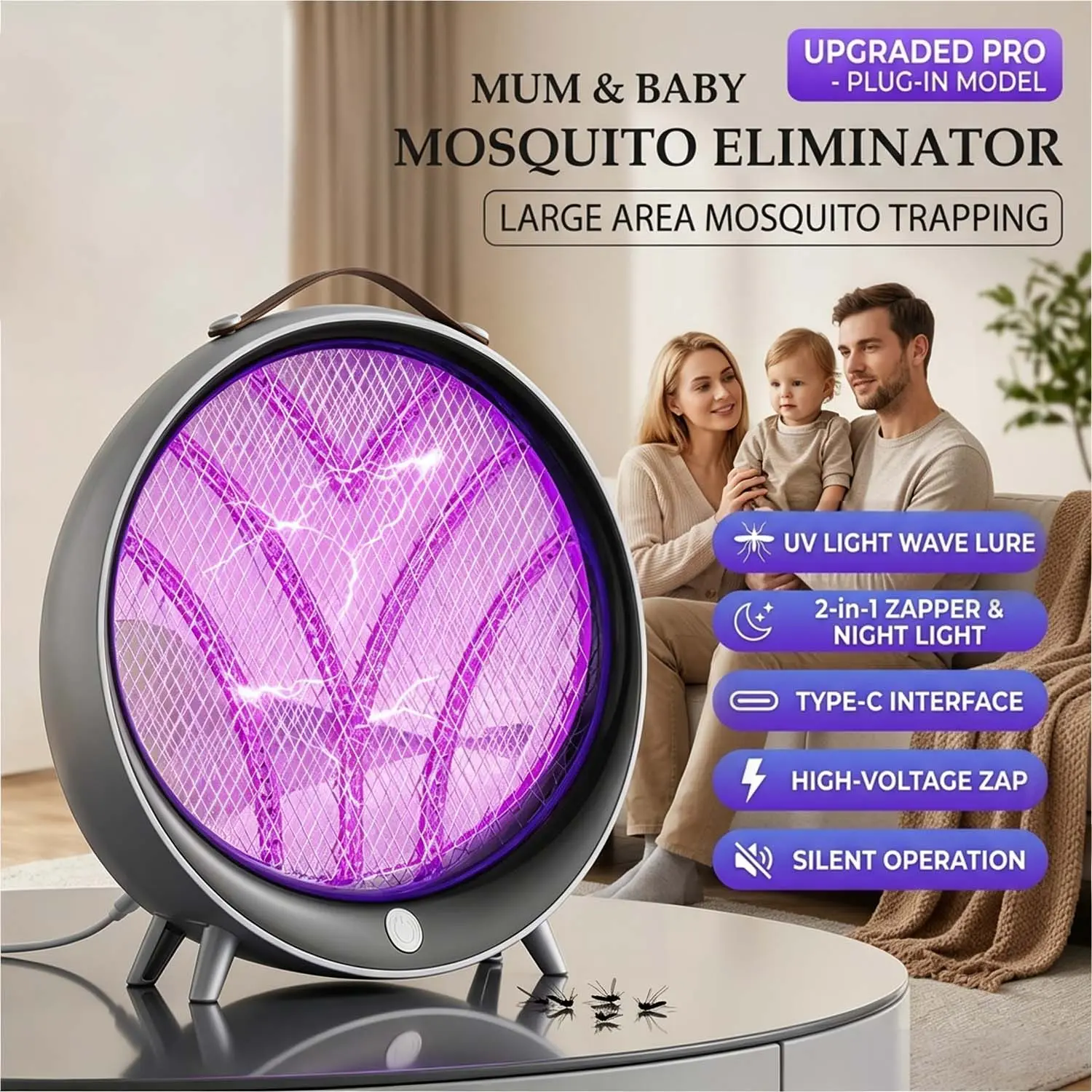 Indoor Mosquito Trap Lamp, UV Light Bug Zapper with Electric Grid, Plug-in Insect Catcher for Bedroom, Living Room, Kitchen, Backyard