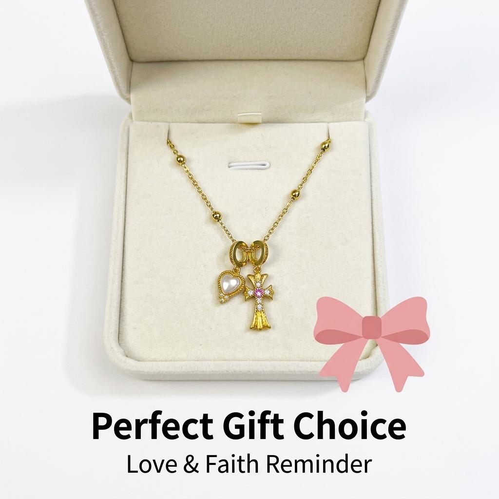 Pink Diamond Cross & Heart Shell Pendant Clavicle Necklace Pink Diamond Cross & Heart Shell Pendant Clavicle Necklace