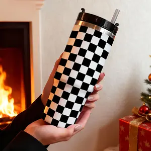 30oz Stainless Steel Insulated Cup with Handle, Chessboard Pattern Straw, Suitable for Cold & Hot Drinks, Travel Mug, Best Gift, Thermos Cup, Tumbler
