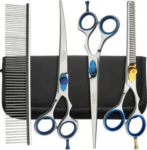 BSZ Professional Pet Grooming Kit 4-Piece Set 7.5 Inch Straight Curved Scissors Thinning Shears with Comb and Case J2 Stainless Steel Ergonomic Handles