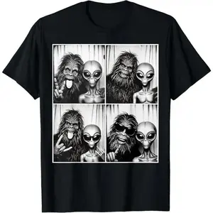 100% Cotton Funny Photobooth Photo Sasquatch UFO Bigfoot And Alien T-Shirt.