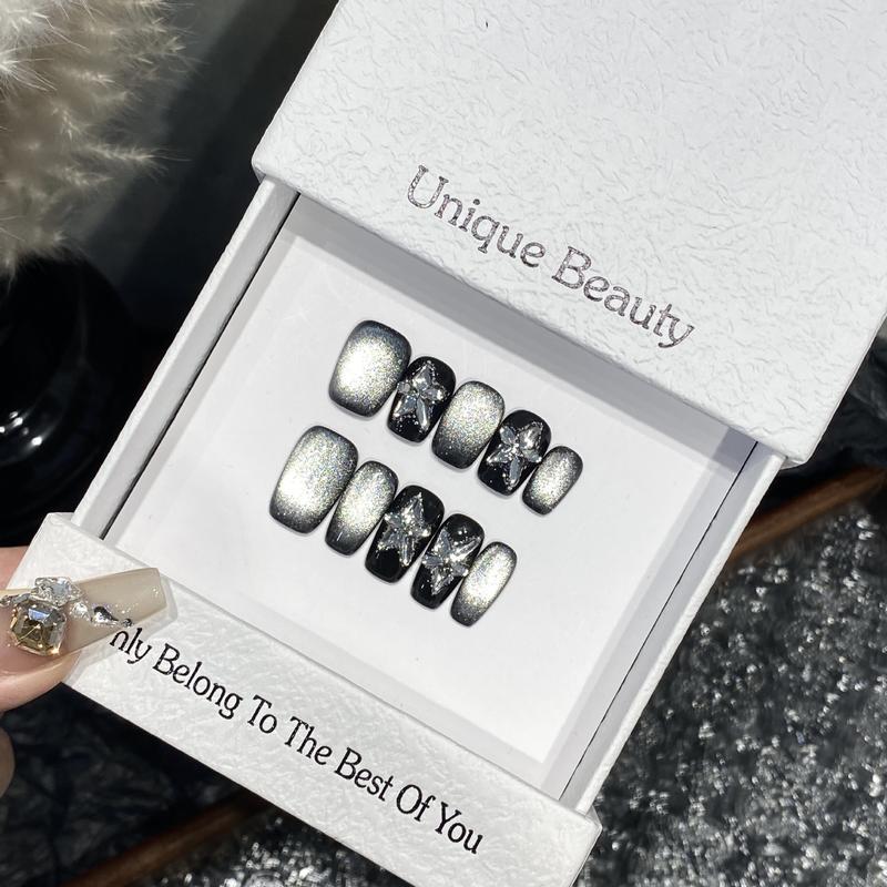 Black Press on Nails Short Square Fake Nails with Cat Eye Designs Glitter Full Cover Nails Press ons Change Color Acrylic Nails Reusable Stick on Nails for Women 10 Pcs 01