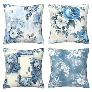 Blue rose pillowcase, vintage floral decoration pillowcase, elegant floral pattern pillowcase, suitable for sofas and living rooms, 4-piece set with double-sided printing