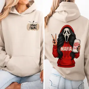 Spooky Mama Hoodie, Ghostface Dr Pepper Graphic Pullover, Funny Halloween Horror Hoodie, Cozy Fall Streetwear for Soda Lovers, Unisex Casual Outfit, Made in USA