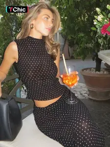 ELI Women Summer Sleeveless Tank Top Long Skirt Polka Dot Mesh Two Piece Set Outfit