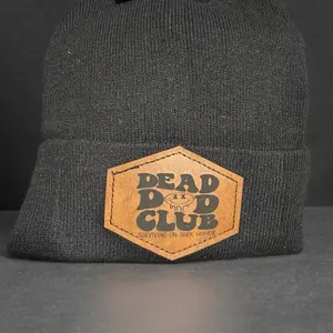 Dead Dad Club Beanie - Surviving on Dark Humor - Charcoal Gray Knit Hat with Leather Patch