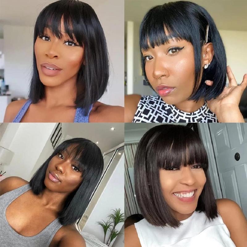 Short Bob Wigs Human Hair 8 Inch Glueless Wear and Go Bob Wig With Bangs Human Hair Wigs for Black Women Human Hair Brazilian Straight Hair None Lace Front Natural Black Wig
