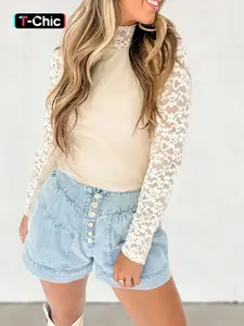 Elegant Women's Floral Lace Patchwork Long Sleeve High Neck Slim Fit Top Blouse, Spring & Fall Fashion, Casual Wear