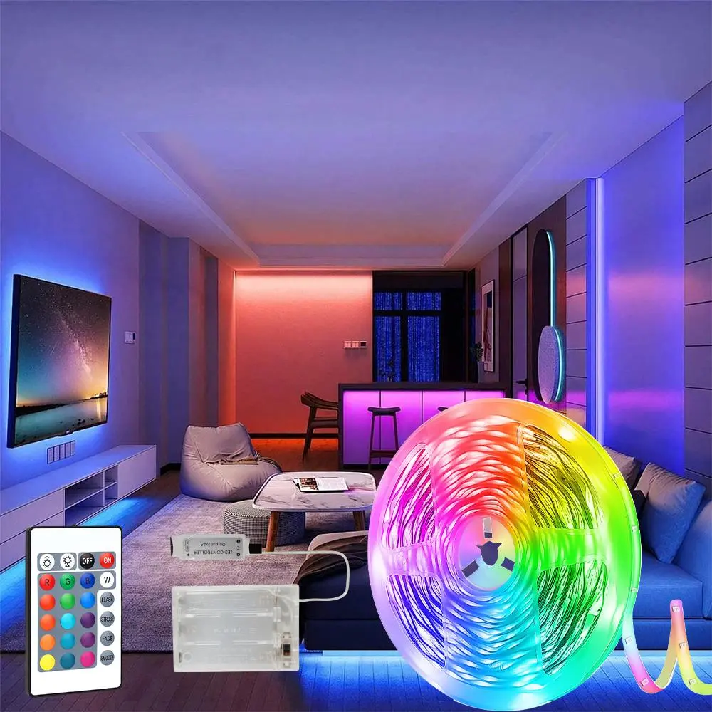 LED Battery Box Strip Light, RGB Flex Light with 24 Keys Remote Control, Battery Box Powered (without Batteries), Led Lights Bedroom, for TV Background, Cabinet, Bedroom Lighting, Adjustable RGB Lighting, Adjustable Brightness Led