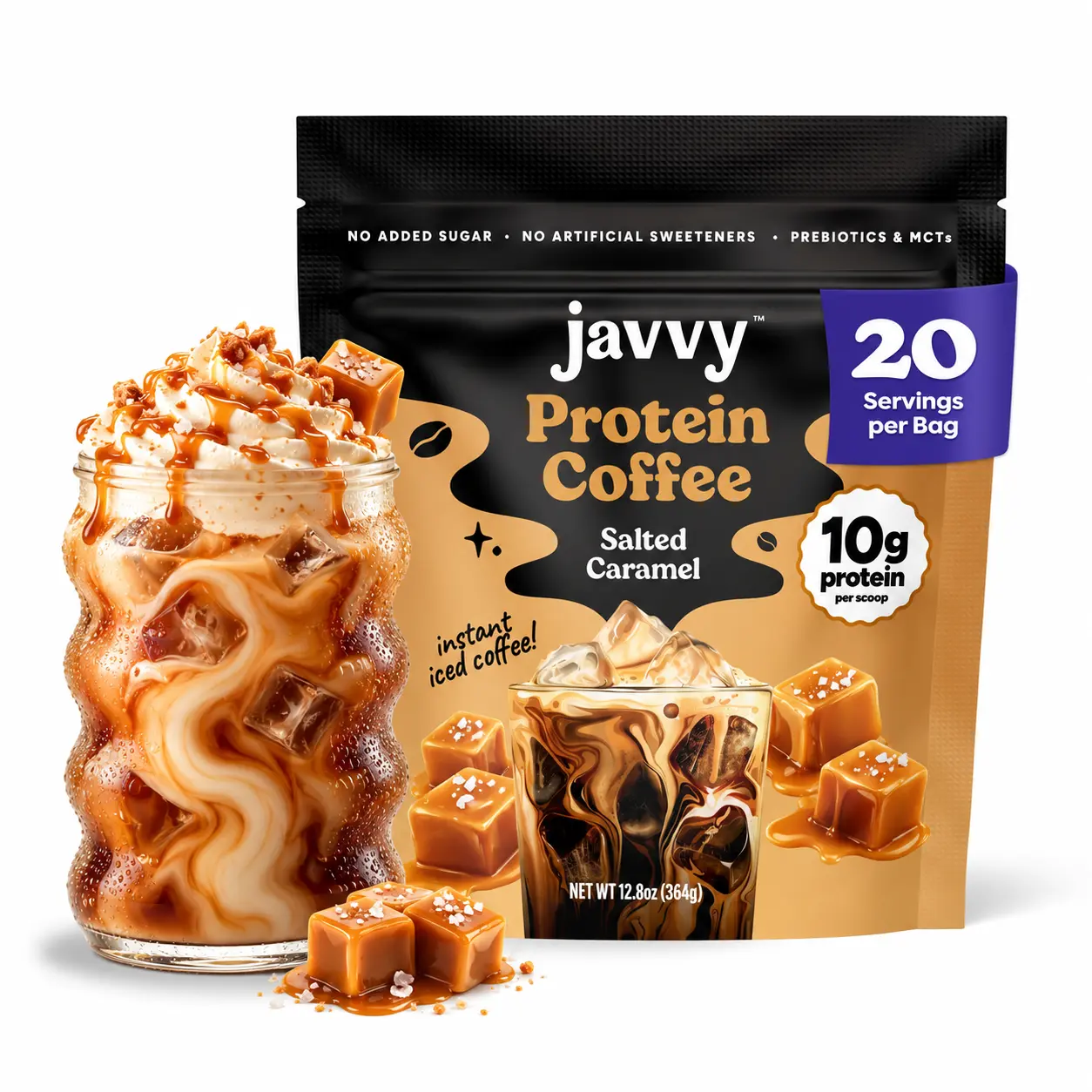 Javvy Salted Caramel Protein Iced Coffee Drink - Premium Whey Protein, 100% Natural Cold Brew Bean, 80 mg Caffeine, No Artificial Flavors, No Sweeteners, No Added Sugar, Instant, 20 Servings