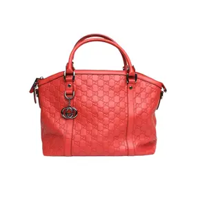 Pre-owned GUCCI leather Tote Bags Red C style, silver buckle, hand held GG textured tote bag