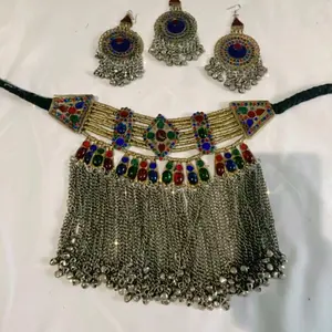 Afghani Jewelry Set of 4 - Traditional Necklace with Colorful Beads & Matching Earrings for Cultural Wear
