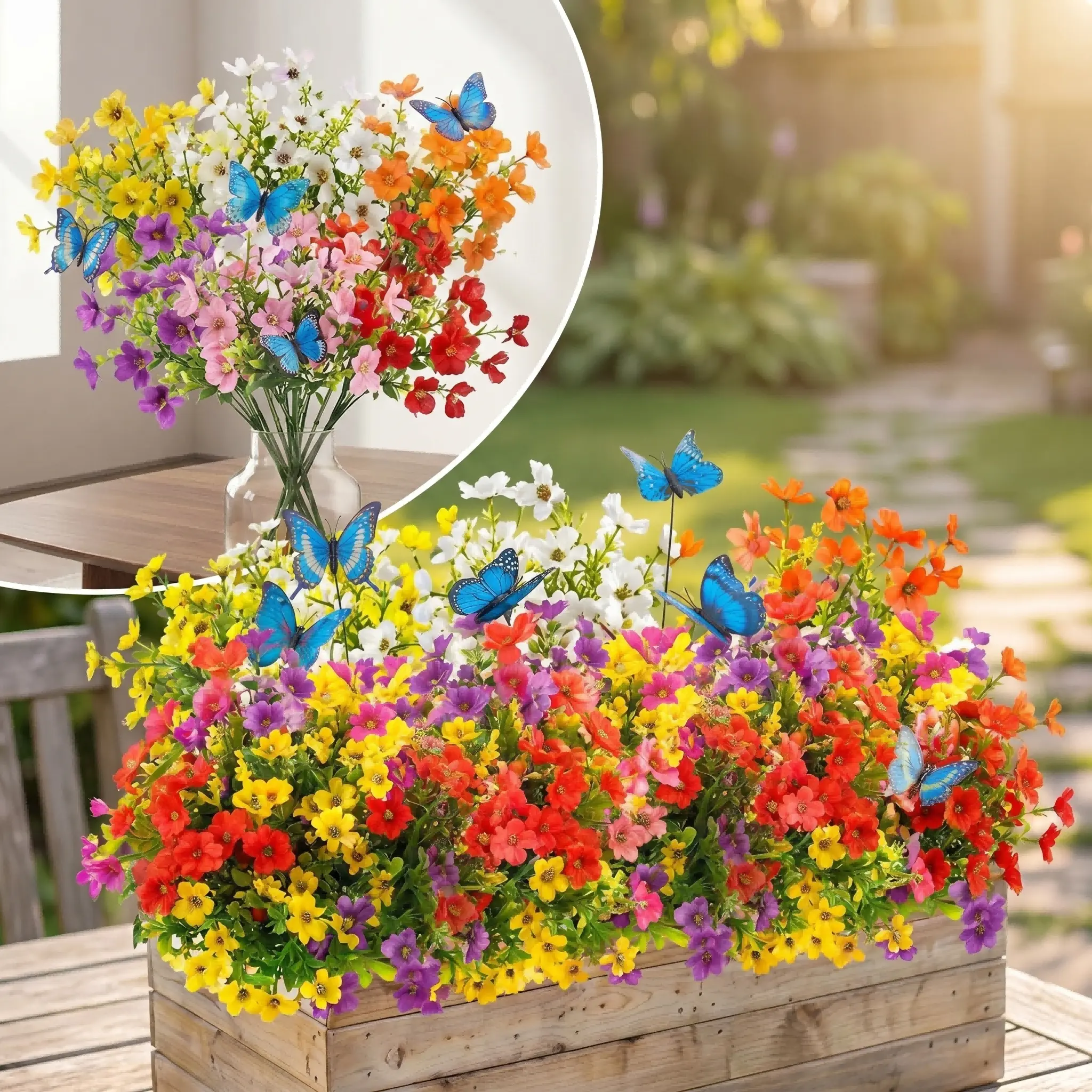 6-Pack Colorful Faux Silk Eucalyptus Bouquet - Synthetic Plastic Artificial Decorative Flowers with 4 Playful Butterfly Accents, Ideal for Home, Garden, Holiday Decor (Thanksgiving)