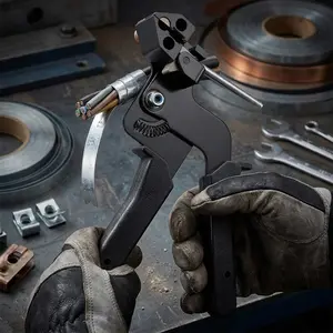 Heavy Duty Stainless Steel Banding Tool Kit, Self-Locking Tensioning Gun with Cutter for Metal straps, Cable, Pipe Fastening. Professional Installation & Repair Tools, Quick-Lock Ergonomic Design, Industrial-Grade Bundling equipment.