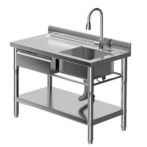 Stainless Steel Utility Sink 23.6" x 39.37" x 31.5" Freestanding Single Bowl Laundry Tub with Hot/Cold Faucet, Drawers & Workbench for Laundry Room, Garage, Workshop